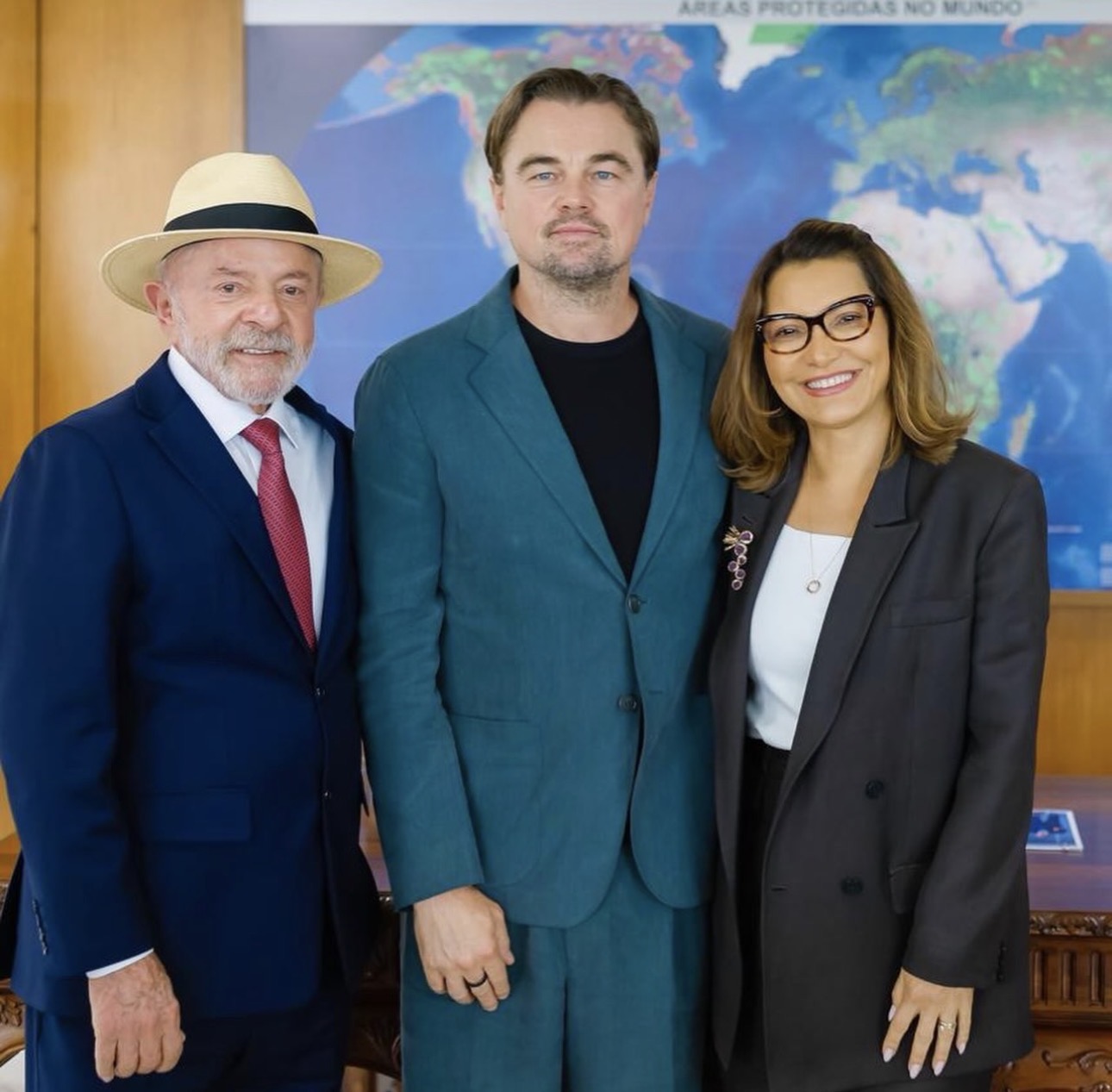 Lula e Janja recebem o ator Leonardo DiCaprio no Palácio do Planalto para tratar de pautas ambientais